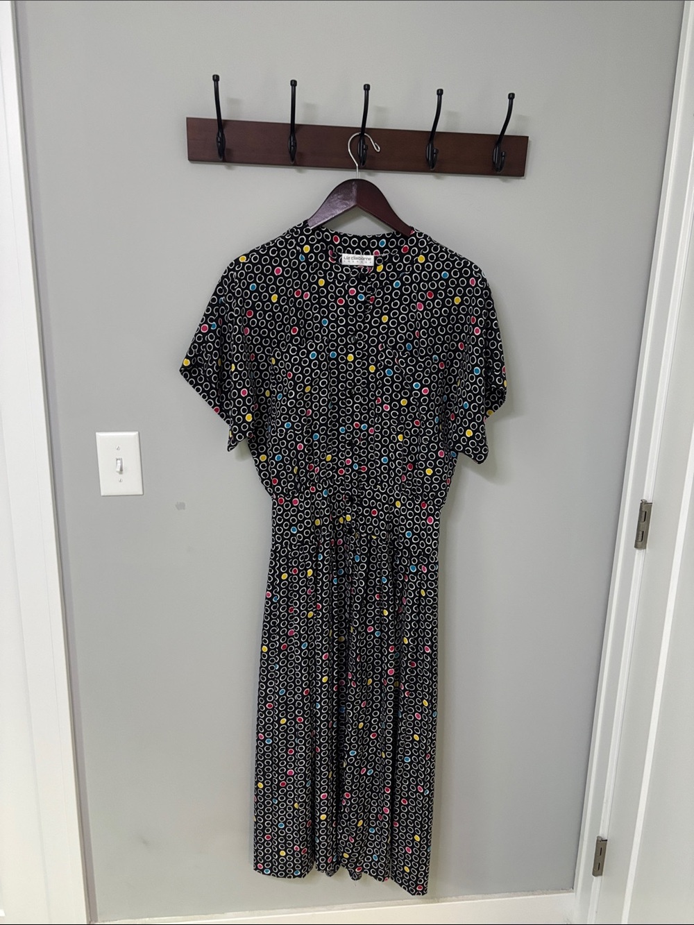 Vintage 80’s Liz Claiborne Black Midi Dress with Multicolor Dot Rings